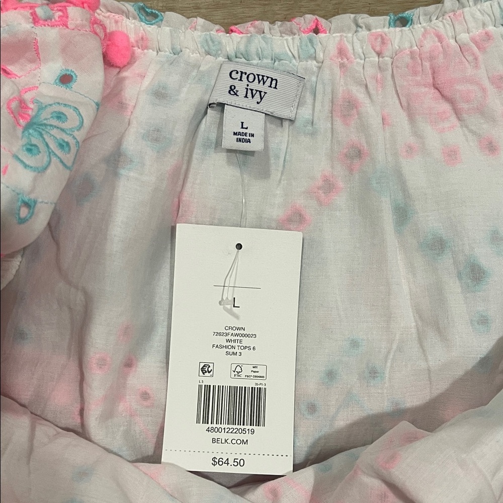 crown & ivy White Blouse with Pink and Blue Embroidery - Picture 2 of 4